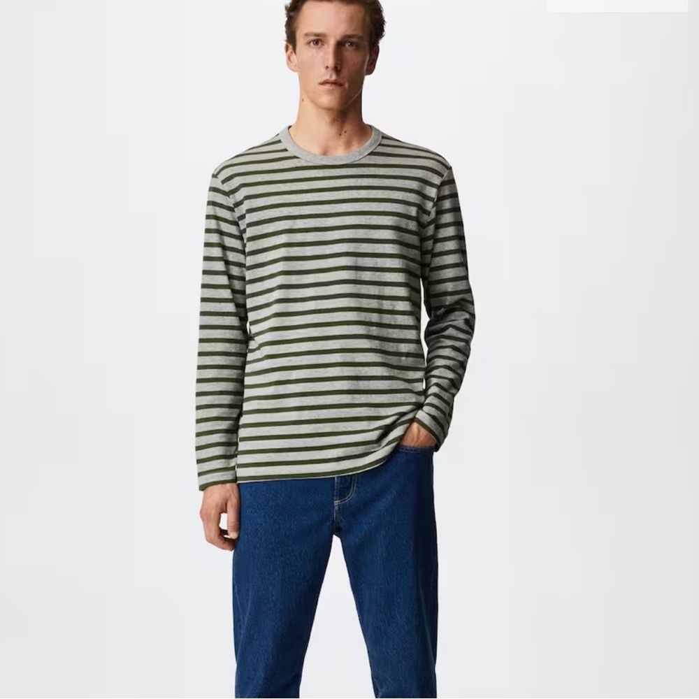 Mango Men’s Striped Long Sleeve T-Shirt - Size L - Color Grey and Green Striped